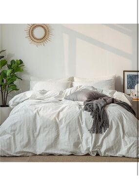 NEW MooMee Striped Duvet Cover Set 100% Washed Cotton Linen Like Texture CalKing
